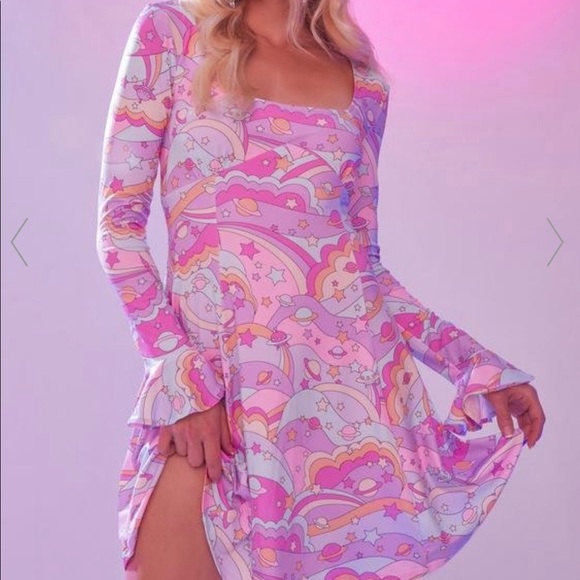 Dolls Kill Dresses & Skirts - Dolls Kill Sugar Thrillz Groovy Galaxy Long Sleeve Dress